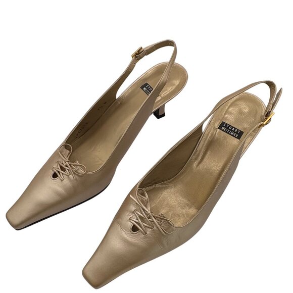 STEWART WEITZMAN Champagne Pearlized Leather Slingback Kitten Heel Pumps 7.5 B - Picture 1 of 11